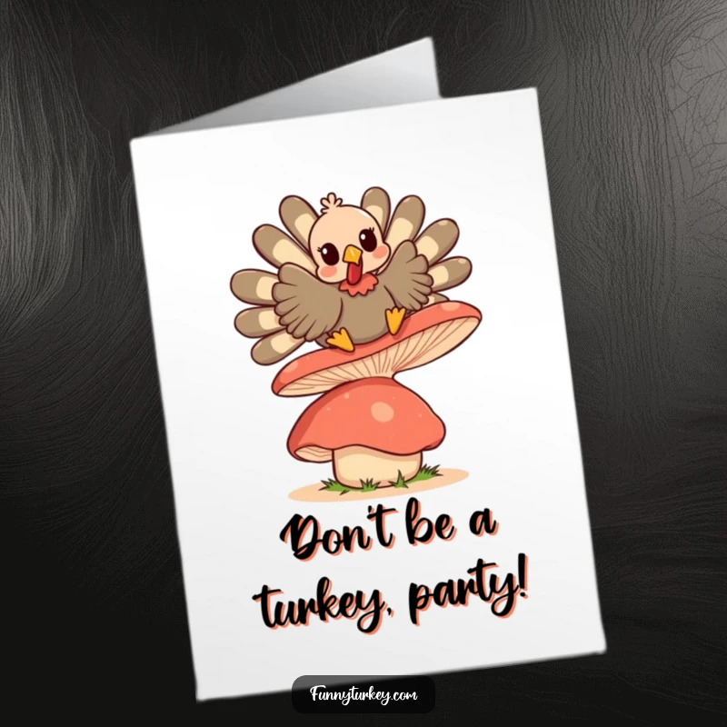 Funny Free Printable Birthday Card of a giggling Kawaii turkey joyfully bouncing on a large, wobbly mushroom.