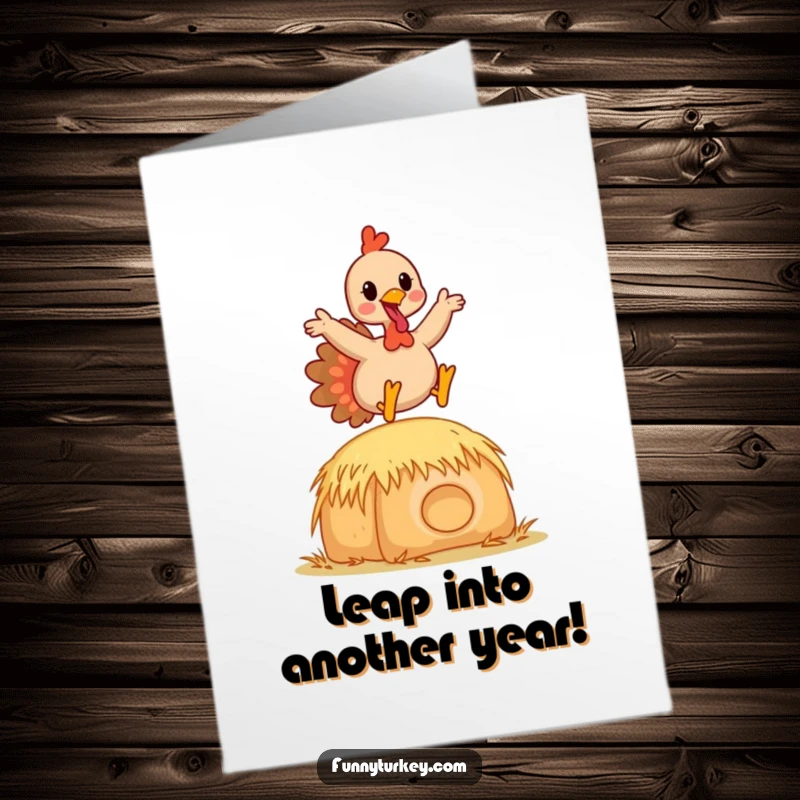 Funny Free Printable Birthday Card: A happy Kawaii turkey joyfully leaping over a small hay bale, celebrating energetically.
