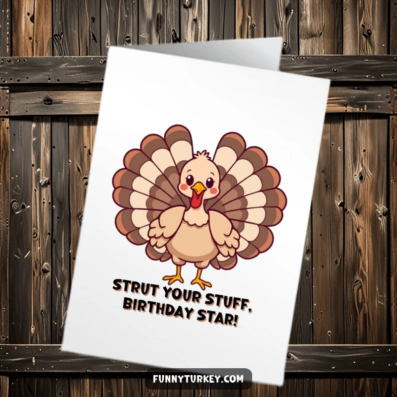 Funny Free Printable Birthday Card: Cartoon turkey struts with wings spread, exuding confidence and holiday cheer.