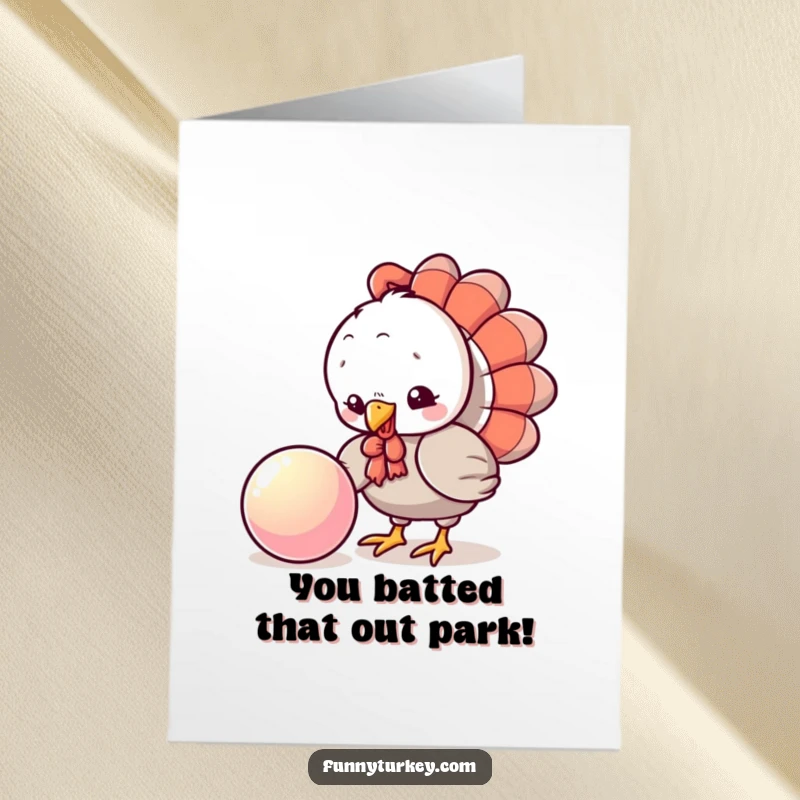 Funny Free Printable Turkey Congratulations Card pecking at a shiny bouncing ball, a fun way to say congrats.