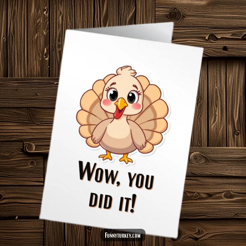 Funny Free Printable Congratulations Card: Turkey with wide, surprised eyes, reacting hilariously to great news.
