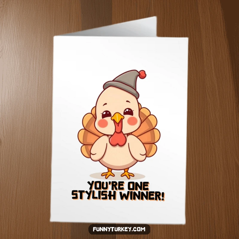 Funny Free Printable Turkey Congratulations Card giggling in a small funny hat, a fun way to say congrats.
