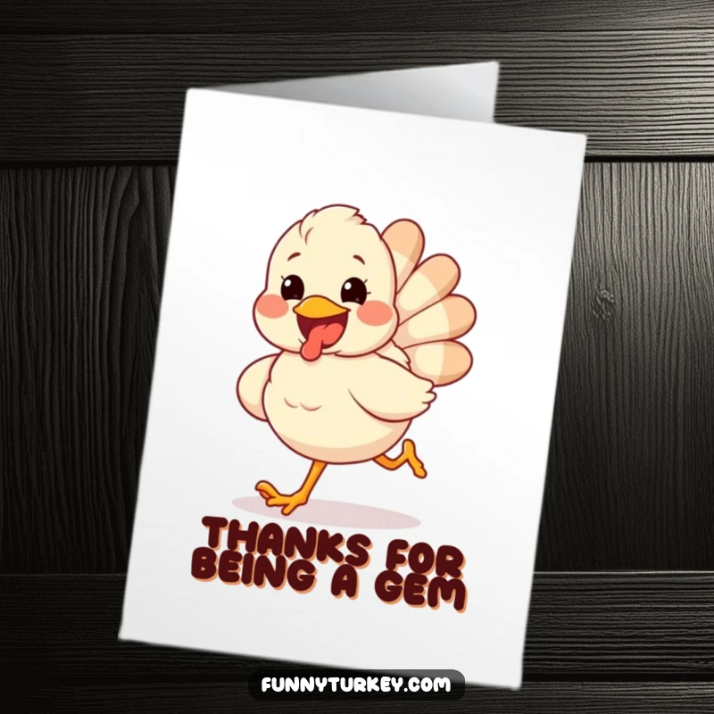 Funny Free Printable Thank You Card: A happy, fluffy turkey with a huge grin runs gleefully. Thankful and funny.