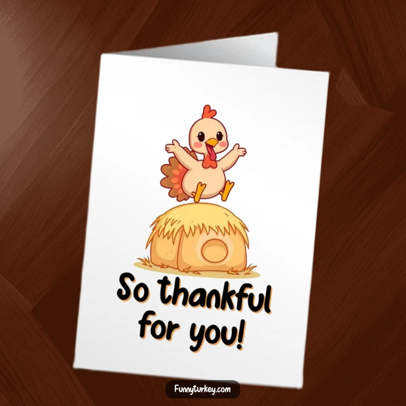 Funny Free Printable Thank You Card: A happy Kawaii turkey joyously leaps over a small hay bale, conveying thanks with a spirited jump.