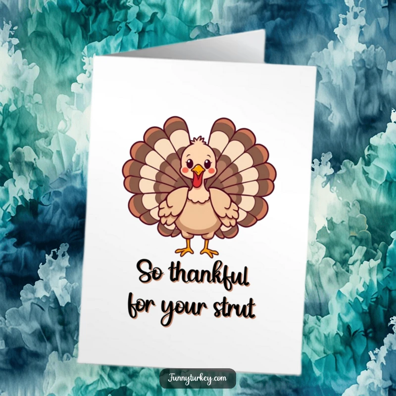 Funny Free Printable Thank You Card: Cartoon turkey struts with wings spread, delivering thanks with personality.