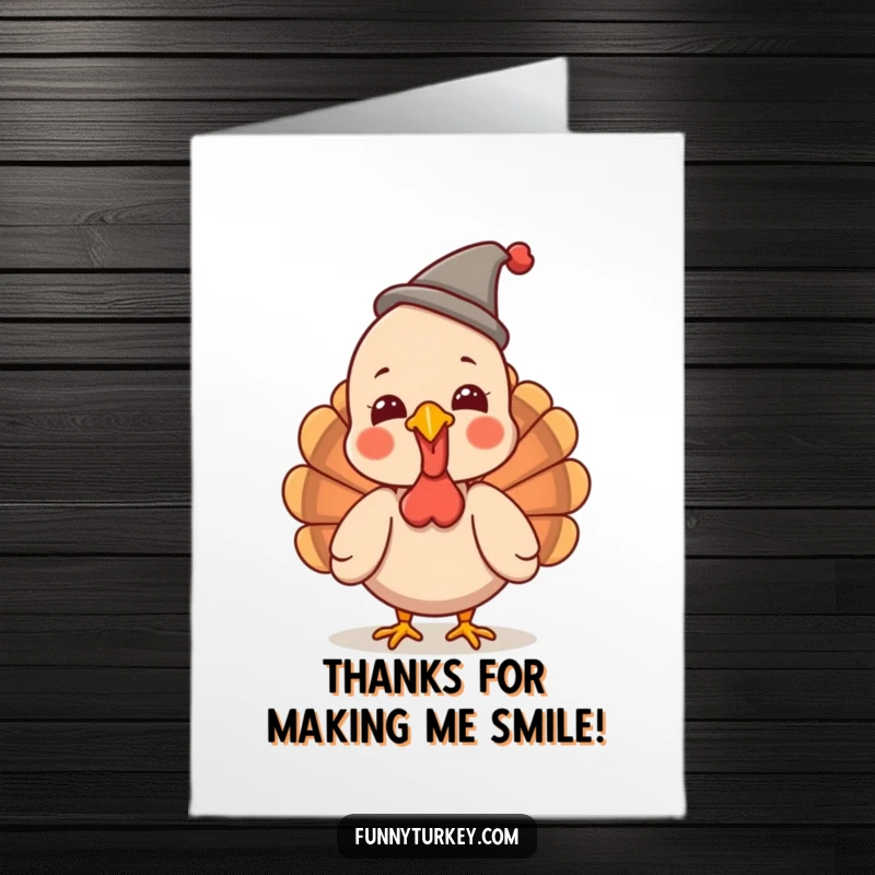 Funny Free Printable Turkey Thank You Card giggling while wearing a small funny hat, a cute thank you.