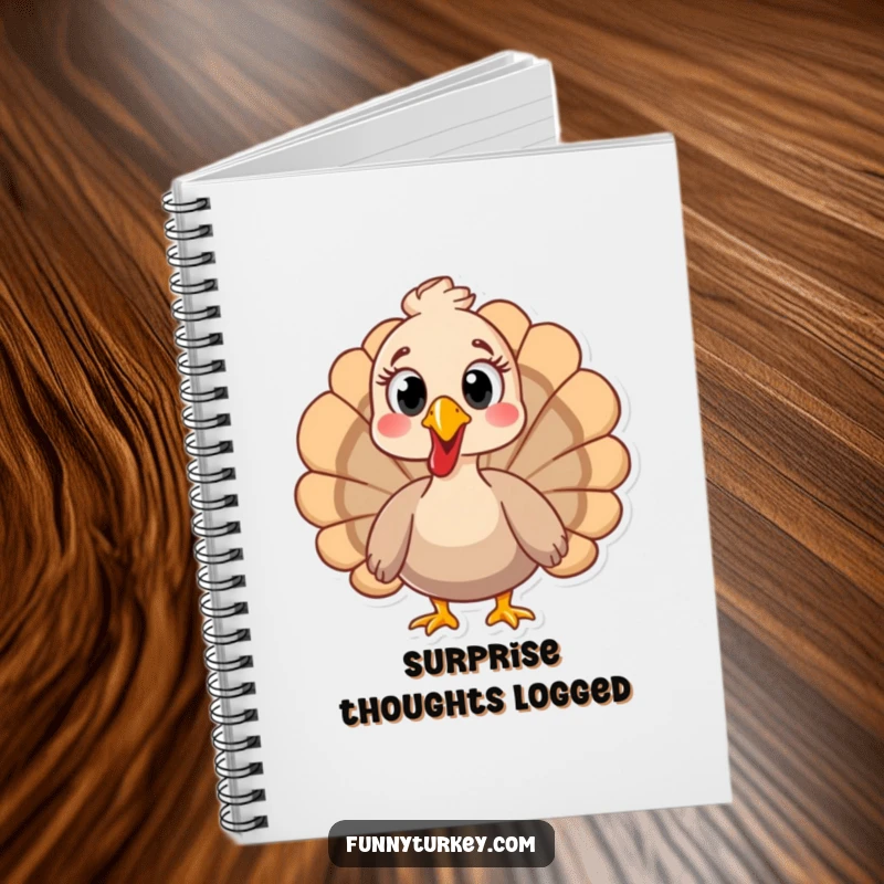 Lined notebook featuring a funny turkey with wide, surprised eyes on the cover, for all your notes.