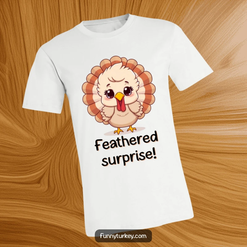 Funny T-shirt with a cartoon turkey, feathers ruffled, eyes wide in happy surprise, radiating holiday cheer and amusement.