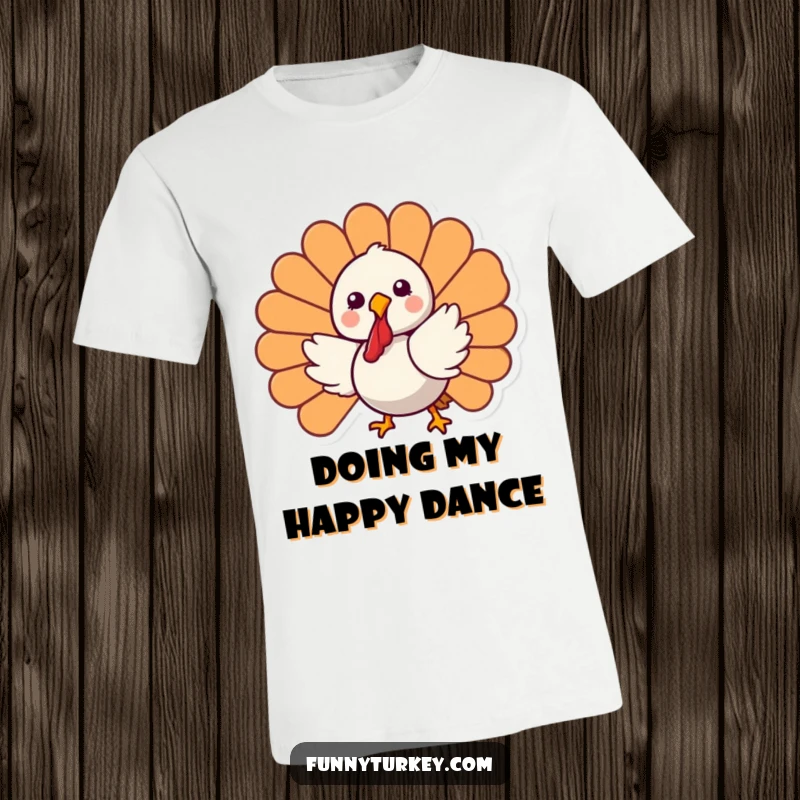 Funny Kawaii Turkey T-Shirt depicting a happy cartoon turkey in a joyful spinning motion, ideal for Thanksgiving humor.