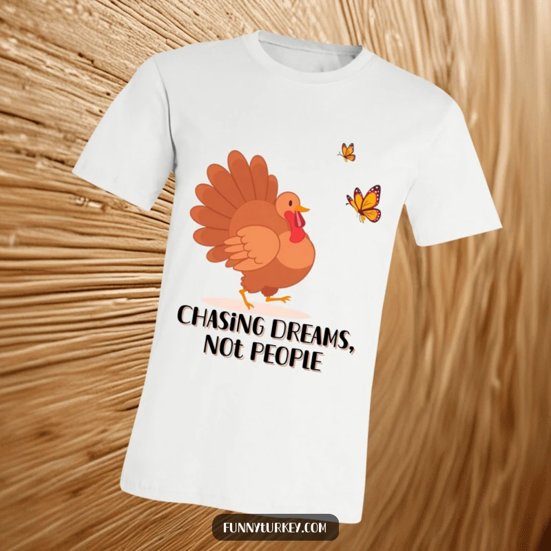 Funny turkey silhouette in mid-chase after a bright, multi-colored butterfly on a comfortable t-shirt.