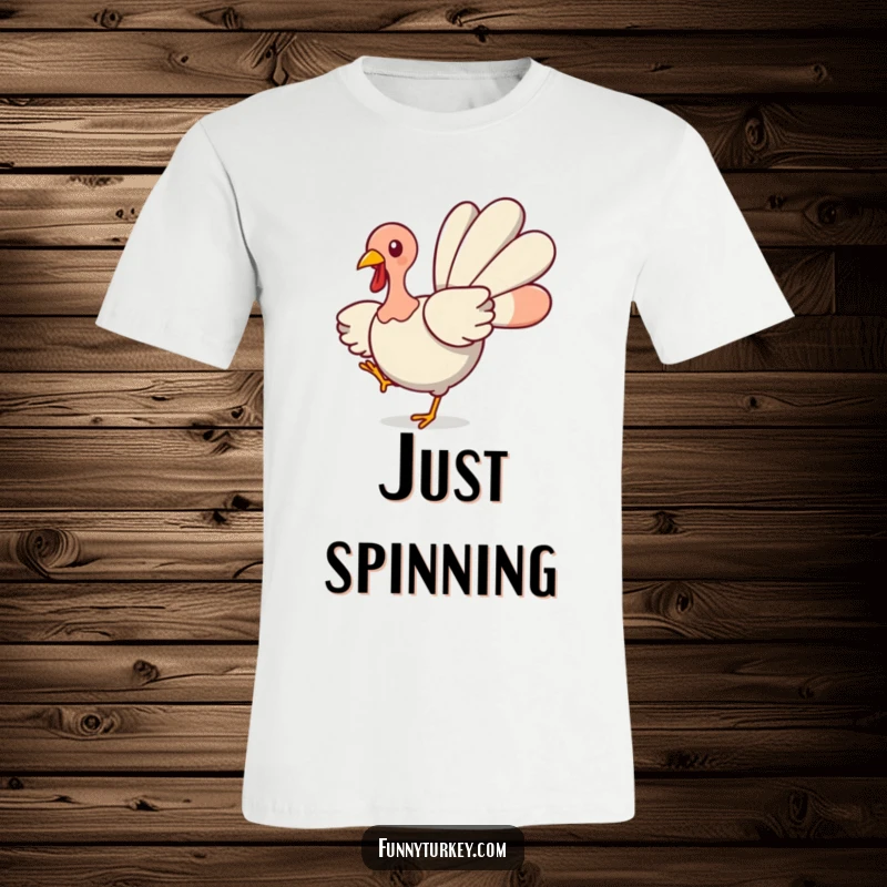Funny Spinning Turkey T-Shirt: A cute kawaii turkey spins with wings spread wide, embodying festive joy and humorous celebration.