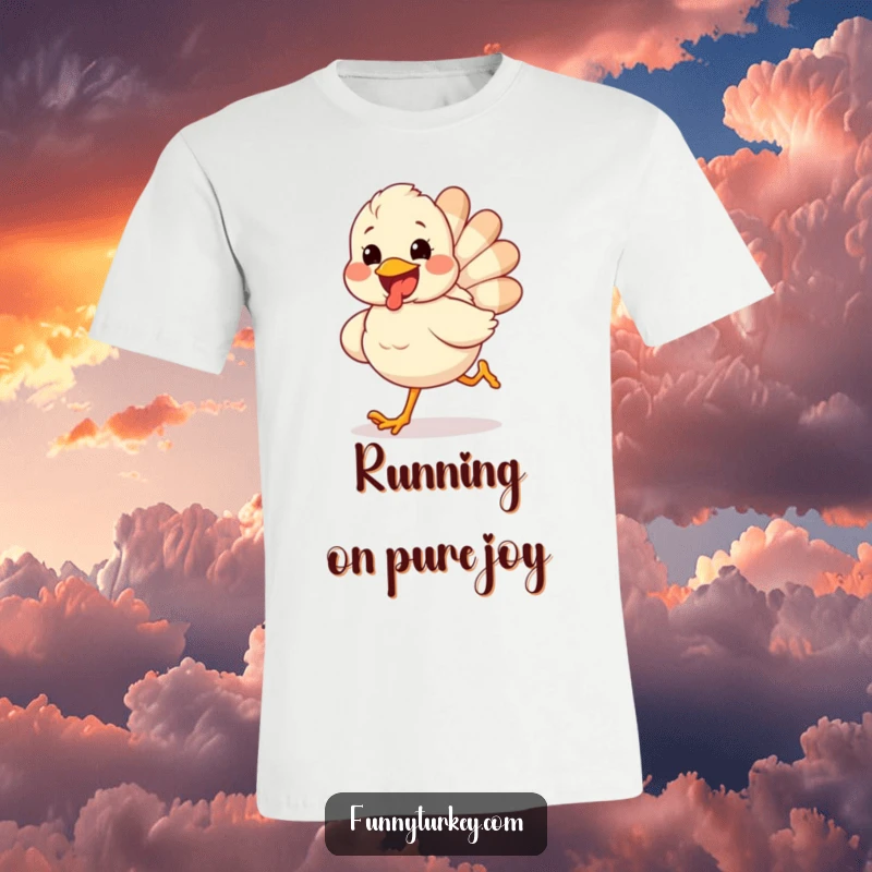 Funny t-shirt depicting a fluffy turkey with an enormous excited grin running joyfully, ideal for holiday celebrations.