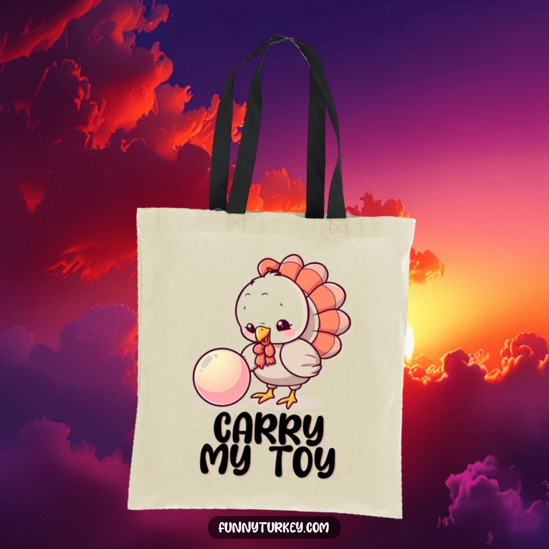 Funny Turkey Ball Tote Bag: A playful kawaii turkey pecks curiously at a shiny, bouncing ball, perfect for carrying items with humorous flair.