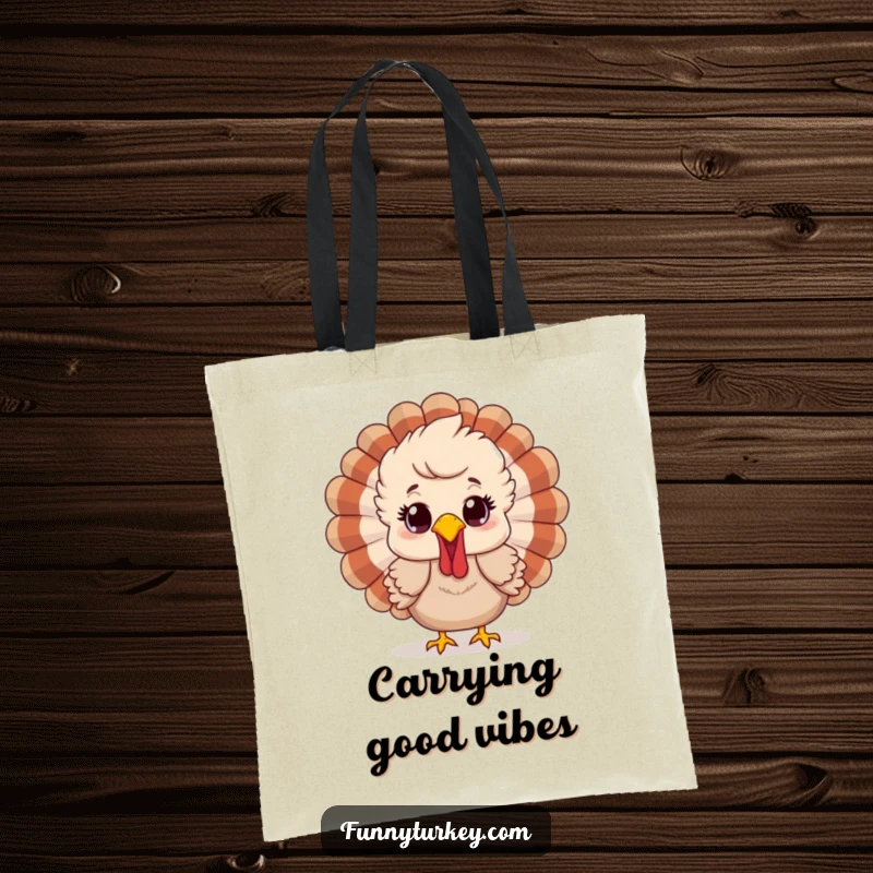 Funny tote bag with a cartoon turkey, feathers ruffled and looking happily surprised, perfect for carrying essentials with holiday cheer.