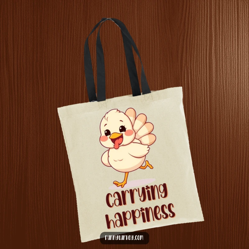 Funny tote bag featuring a fluffy turkey with a wide excited grin running gleefully, perfect for holiday shopping.