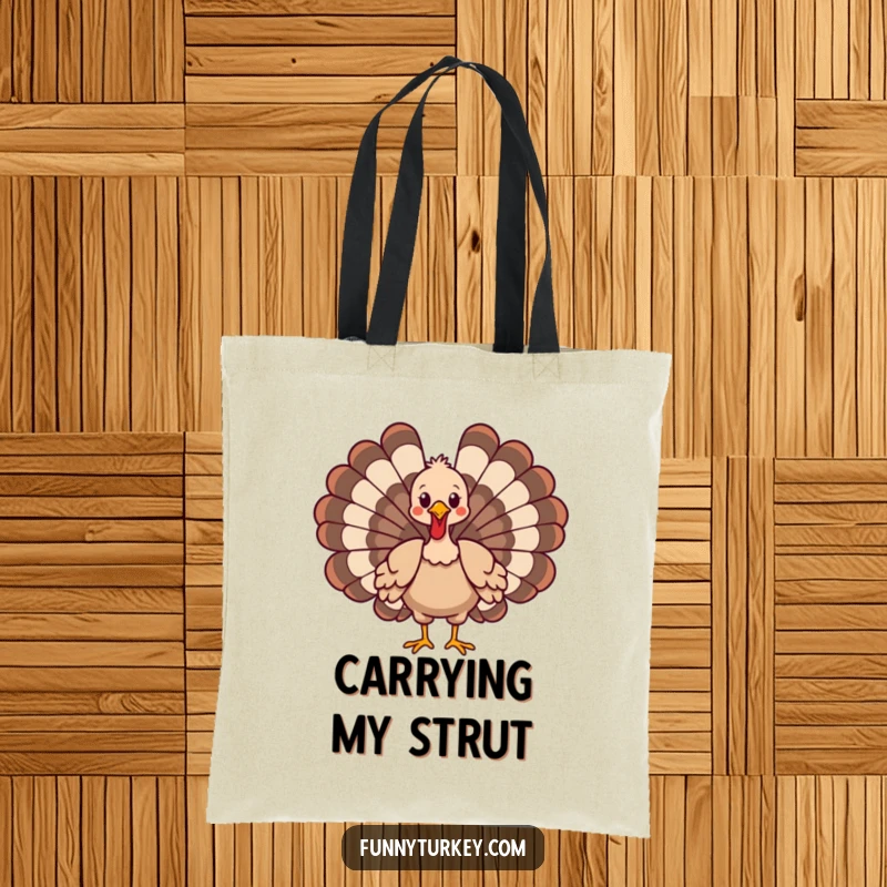 Durable tote bag featuring a funny cartoon turkey elegantly strutting with its wings spread wide.