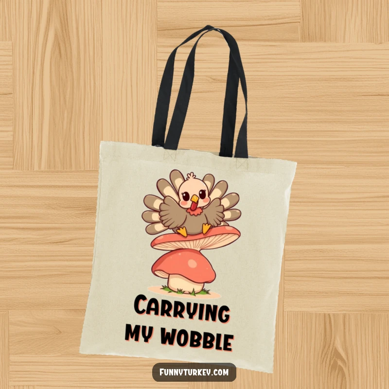 Funny Kawaii Turkey tote bag, featuring a cute turkey character happily bouncing on a large, wobbly mushroom.