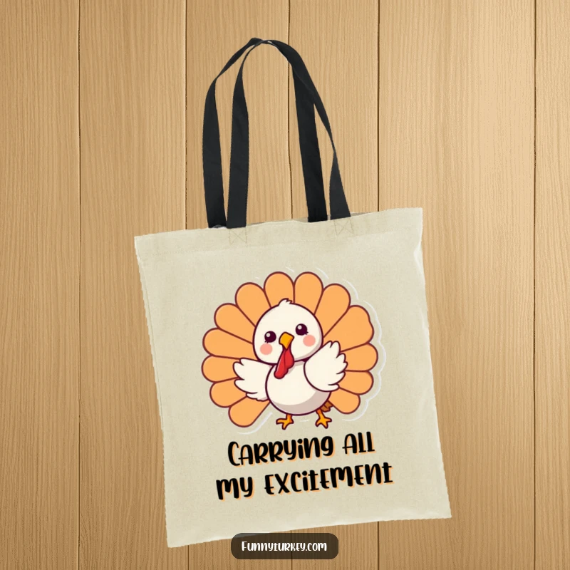 Funny Kawaii Turkey Tote Bag with a cute cartoon turkey in a joyful spinning pose, great for shopping and humor.
