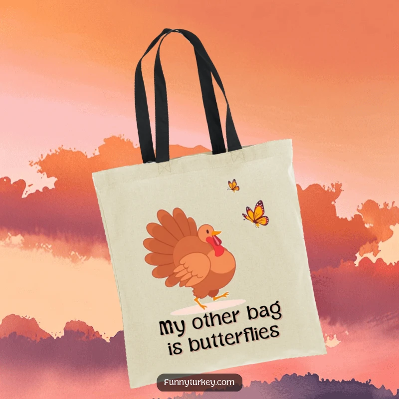 Durable tote bag with a funny turkey silhouette playfully chasing a beautiful butterfly, ideal for everyday use.