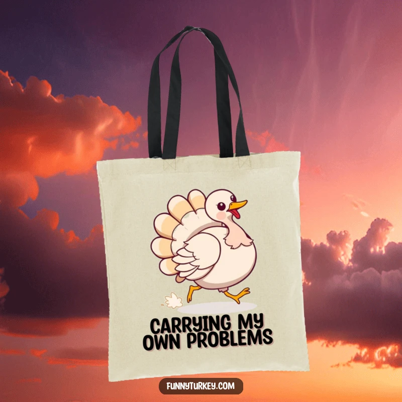 Funny Tote Bag: A turkey comically chases its fluffy tail, a humorous and practical accessory for carrying goods.